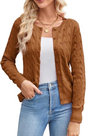 Grace Karin Casual Cardigan Sweater Crew Neck Long Sleeve Lightweight Cropped Cardigans Elegant Short Cardigan Tops M Brown