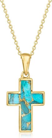 Ross-Simons Turquoise Cross Pendant Necklace in 18kt Gold Over Sterling