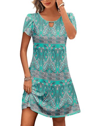 Zeagoo Womens Sundress Short Sleeve Floral Tunic Dress with Pockets Round Neck Cotton Dress Summer Tshirt Dress Green XXL