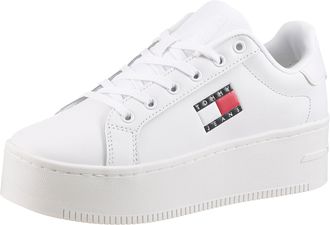 Tommy Jeans Plateausneaker TOMMY JEANS TJW FLATFORM SNEAKER, Damen, Gr. 36, weiss (wei&szlig;), Leder, Textil, unifarben, Schuhe Plateausneaker, Freizeitschuh, Halbschu