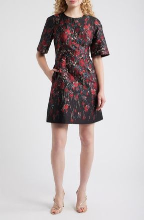 Vince Camuto Metallic Floral Jacquard Elbow Sleeve Fit & Flare Dress in Red at Nordstrom, Size 10