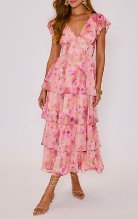 VICI Collection Andie Floral Print Tiered Ruffle Maxi Dress in Mauve Floral at Nordstrom, Size Medium
