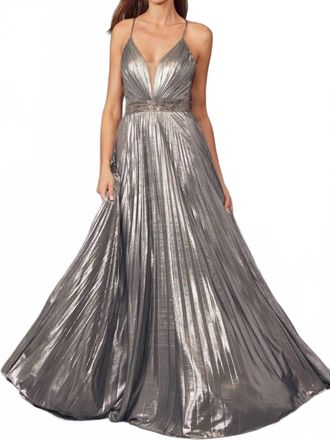 Juliet Metallic Pleated V-Neck Gown In Charcoal