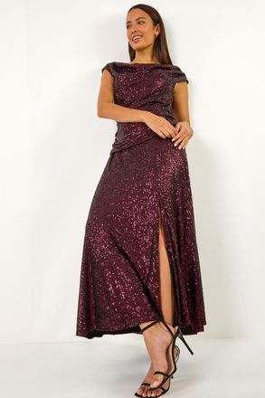 Roman Sequin Cowl Neck Maxi Stretch Dress