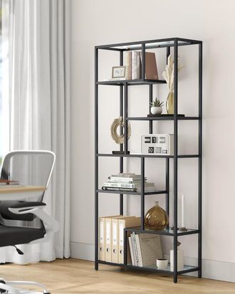 Vasagle 6-Tier Tall Bookcase Plant Stand Tempered Glass Display Shelf in Black