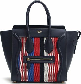 Celine Black Blue Dark Navy Red Color White Leather Canvas Handbag Tote Bag (Pre-Owned)