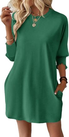 Dokotoo Womens Dresses Summer Fashion 3/4 Sleeve Elastic Smocked Crewneck with Pockets Solid Color Spring Casual Womens Mini Dress Dark Green 2XL