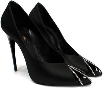 Saint Laurent Black Alix 110 Cutout Crystal Embellished Satin Pumps Size 40