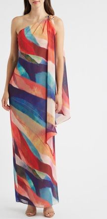 Vince Camuto Abstract Stripe One-Shoulder Chiffon Gown in Coral Multi at Nordstrom, Size 14
