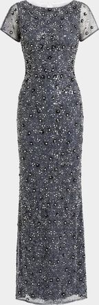 Mac Duggal Beaded Sheer-Sleeve Column Gown