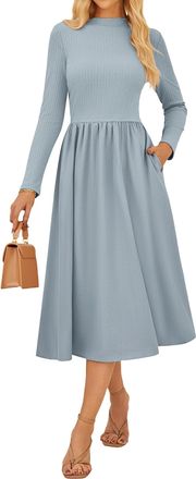 Grace Karin Womens Knitted Dress with Half Turtleneck Long-Sleeved Fall Dress High-Waisted Elegant A-Line Midi Dress Gray-Blue XL