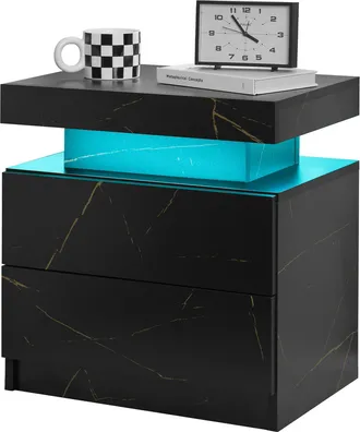 STILVORA Mesita De Noche Con 2 Cajones Y 1 Hueco Abierto, Led Ajustable, Para Dormitorio Y Salon, En Madera Tecnica, Negro Y Oro