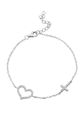 Savvy Cie Jewels RHODIUM PLATED WHITE CZ HEART AND CROSS BRACELET