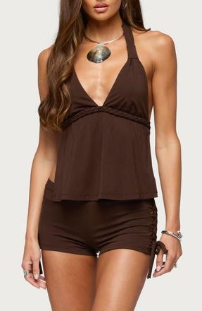 Edikted Jilly Braided Open Back Halter Top in Brown at Nordstrom, Size X-Large