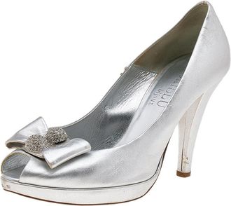 Loriblu Silver Leather Embellished Bow Peep Toe Pumps