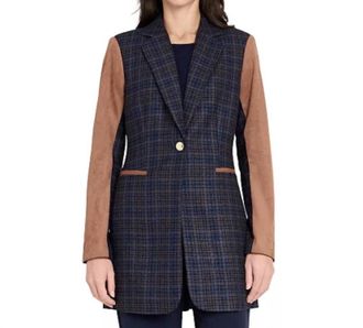 Tahari by ASL Plaid And Suede Blazer In Navy/tawny