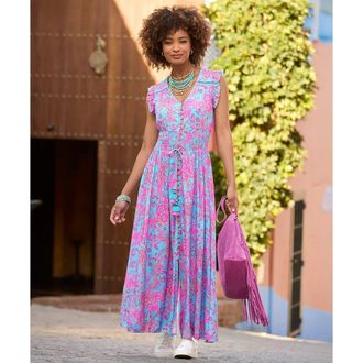 Joe Browns V Neck Ruffle Maxi Dress in Pink Paisley Floral at Nordstrom, Size 18