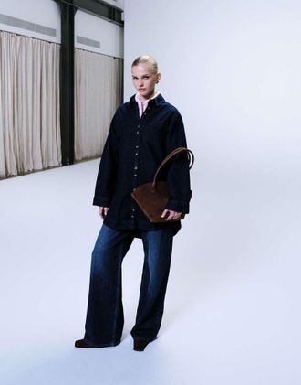 Asos Vestito camicia squadrato a maniche lunghe slavato-Blu navy