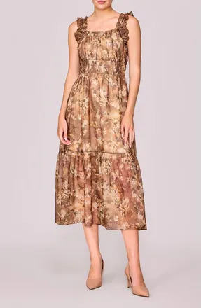 Melloday Floral Ruffle Tiered Midi Dress in Beige Floral at Nordstrom, Size X-Small