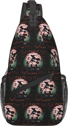 Generic Witch Riding Broom Pumpkins Graveyard Moon Sling Bag Adjustable Cross Body Bag With Zipper Fanny Pack For Cycling Workout Runner
