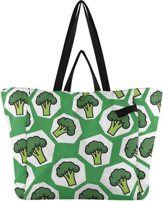Generic Broccoli White pattern Reusable Canvas Tote Bag, Heavy Duty Grocery Shopping Bag with Large Capacity Double Handles Hard Bottom Work Groceries Travel