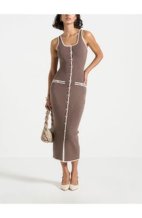 Mani&egrave;re De Voir Daphne Rib Knit Contrast Midaxi Dress in Brown/cream at Nordstrom, Size Large