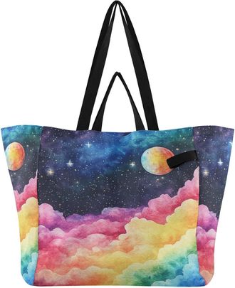 Generic Moon Star Clouds Colorful pattern Reusable Canvas Tote Bag, Heavy Duty Grocery Shopping Bag with Double Handles Hard Bottom Large Capacity Work Grocer