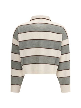 Brunello Cucinelli Womens Polo Crop Sparkling Stripes Knit White Beige+visone+militare Knitwear Sweater