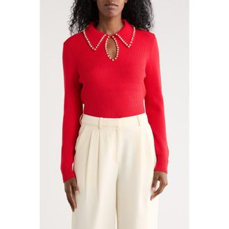 Nicole Miller Rhinestone Trim Collared Crop Sweater in Glory Red at Nordstrom Rack, Size X-Large