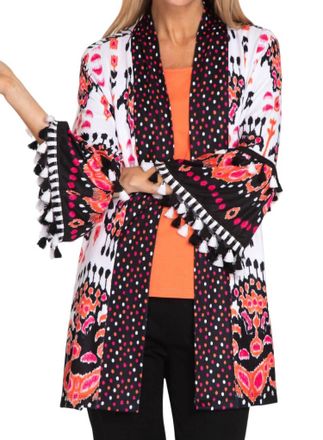 Multiples 3/4 Flounce Sleeve Print Jacket In White/fuschia/black