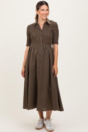Pinkblush Gingham Smocked Button Down Midi Dress in Brown at Nordstrom, Size Medium