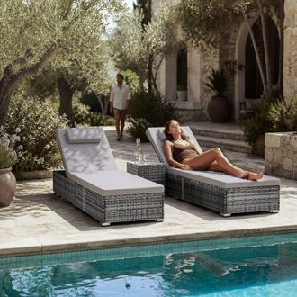 TecTake 2 tumbonas de rat&aacute;n con mesa auxiliar y respaldo ajustable, gris