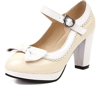 Generic Elegant Womens Mary Jane Featuring Color Block Design and Decorative Bow Detail On Chunky Mid Heel Platform Heels White Sandals for Women Evening Shoe