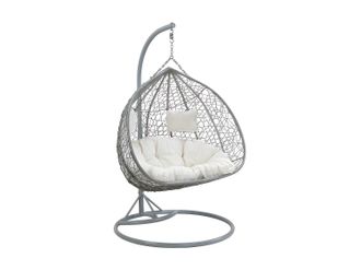 Vente-Unique Sill&oacute;n colgante de 2 plazas de resina trenzada - Gris con cojines blancos - CAYAMBE