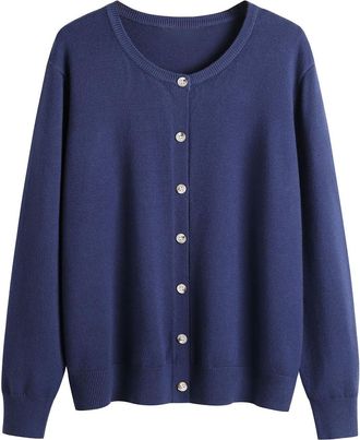 Generic Cardigan for Women Plain Transition Jacket Elegant Blouse Jacket with Button Placket Soft Knitted Coat Crew Neck Knitted Jumper Casual Cardigans Autum