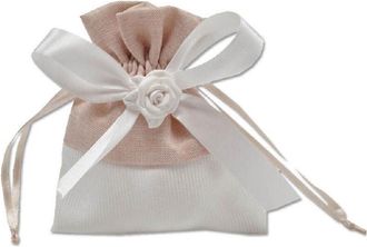 Trade Shop Trade Shop - 12 Sacchetti Stoffa Porta Confetti Rosa Bianca Matrimonio Battesimo Bomboniera - Beige