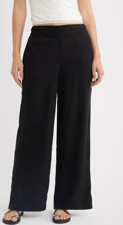 Treasure & Bond Linen Blend Smocked Waist Wide Leg Pants in Black at Nordstrom, Size Xx-Small