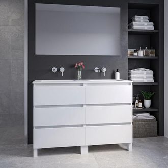 Saniclass Chaci PLUS Badkamermeubelset - 120x86x46cm - keramische wastafel wit - 2 wasbakken - zonder kraangaten - 6 lades - rechthoekige spiegel - mat wit