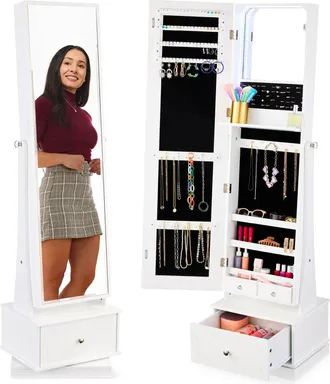 Best Choice Products 360 Swivel Standing Mirrored Jewelry Cabinet, LED-Lit Makeup Organizer w/ Mirror