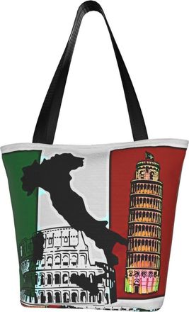 AOOEDM Pisa Tower Italian Flag Reusable Grocery Bag Shopping Bag Casual Shoulder Bag Handbag for Men Women ECO Market Bag Beach Bag Travel Totes