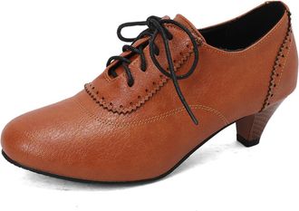 Generic Womens Lace-Up Mid-Heel Oxfords Scalloped Brogued Trim Textured Upper Round Toe Block Heel Adjustable Laces Contrast Laces Stylish Durable,Yellow,10.5