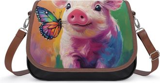 Generic Colorful Pigs Butterfly Womens Leather Crossbody Bags with Adjustable Strap Casual Printed Shoulder Handbag