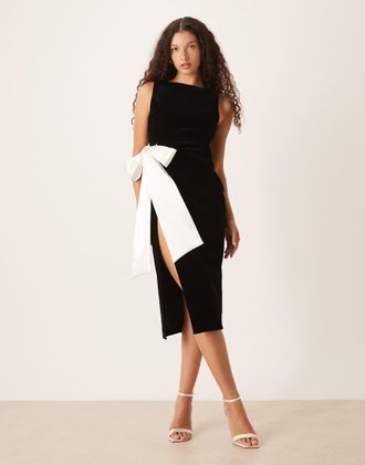 Hope & Ivy Vestito midi nero con fiocco in raso a contrasto