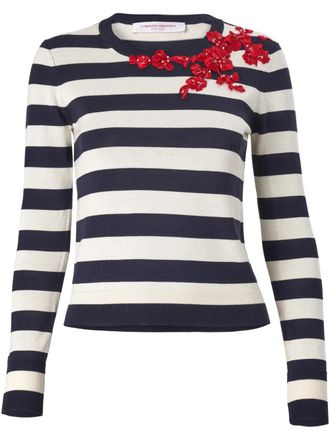 Carolina Herrera Gestreepte top met geborduurde bloemen - Beige