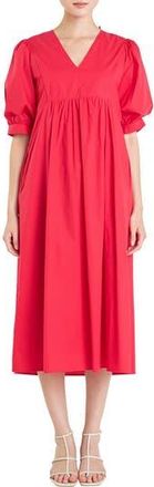 English Factory Puff Sleeve Bow Tie Midi Dress in Red at Nordstrom Rack, Size X-Small