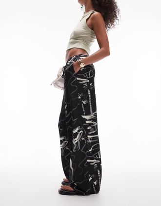 Topshop resort print satin wide leg pants in black and white-Multi