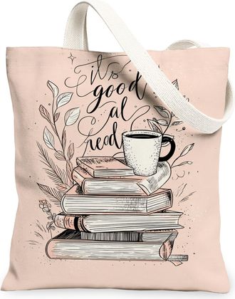Generic Floral Book Stack Canvas Tote Bags, Vintage Reading Cup Design Lightweight Reusable Grocery Bags, Stylish Washable Shoulder, Peach, 13x15 Inch