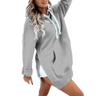Generic Warmy Oversized Hoodie Pullover Long Sweatshirt Split Hem with Pockets, Casual Dress for Women Womens Hooded Elegant Winter (Grey, M)