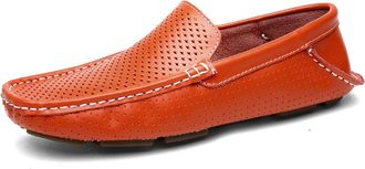 Generic for Men Mens Loafers Shoe Breathable Genuine Leather Perforated Stitching Details Flat Heel Lightweight Flexible Comfortable Wedding Slip On(Orange,7.