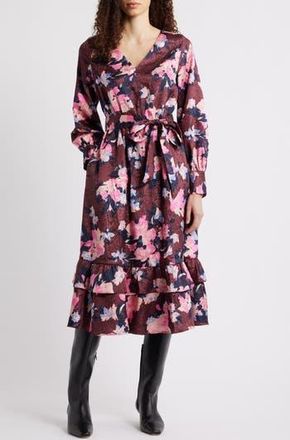Caslon Ruffle Tie Waist Long Sleeve Midi Dress in Burgundy- Blue Georgia Blooms at Nordstrom Rack, Size Xx-Small